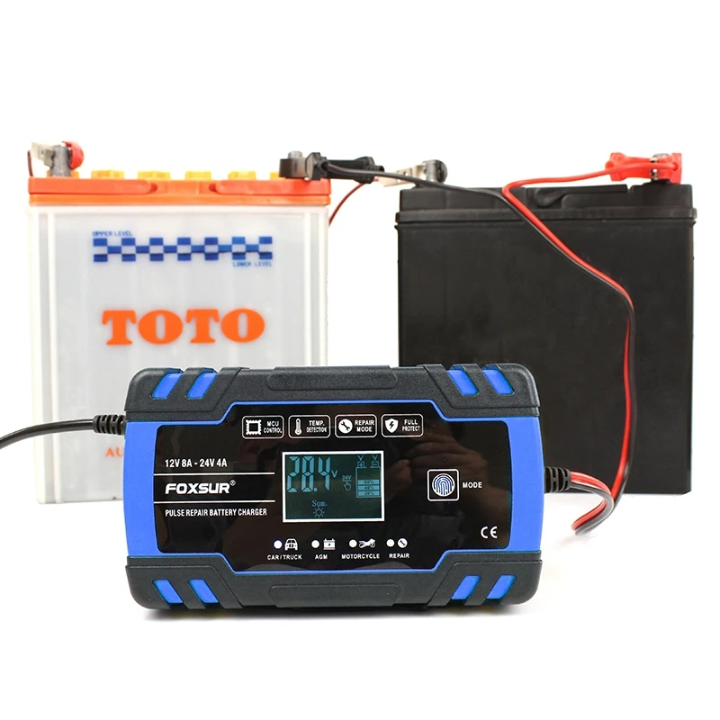 

FOXSUR 12V 8A 24V 4A Pulse Repair Charger with LCD Display, Motorcycle & Car Battery Charger, AGM Deep Cycle GEL Lead-Acid Charg