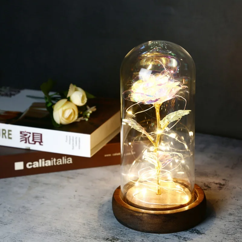 

24k Gold Foil Plated Gold Rose In A Glass LED Rose Flower Light Wooden Base Glass Dome Best Mother's Day Valentines Day Gift