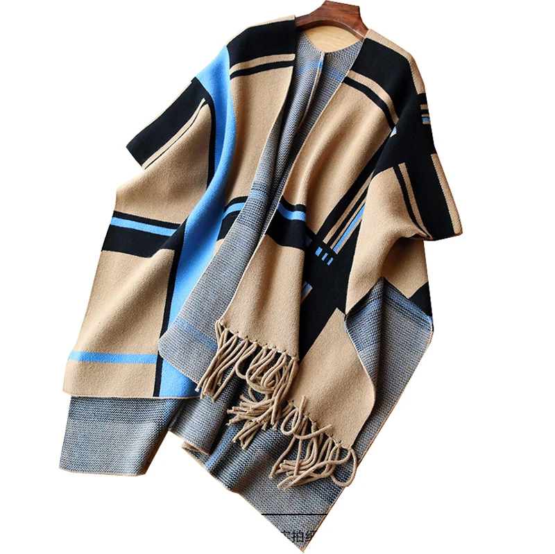 Шерстяной свитер с открытым стежком толстое пончо кисточками женская накидка