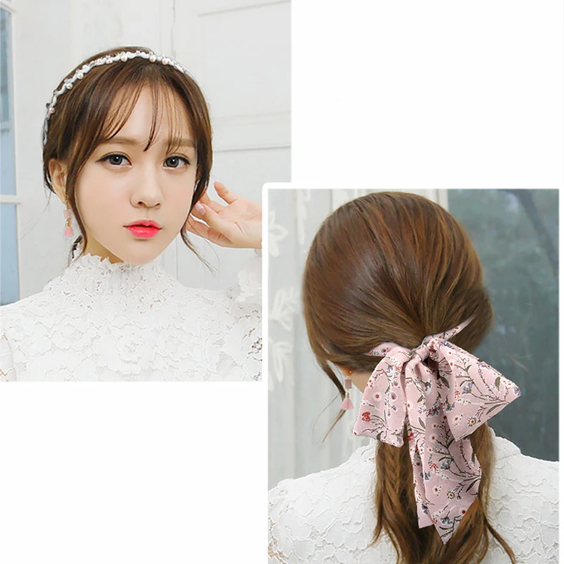 

Korean Bow Hair Band Sweet Pearl Hair Bands Floral Hair Ribbon Fashion Hair Accessories Women Girls Summer Headband Long Ribbons