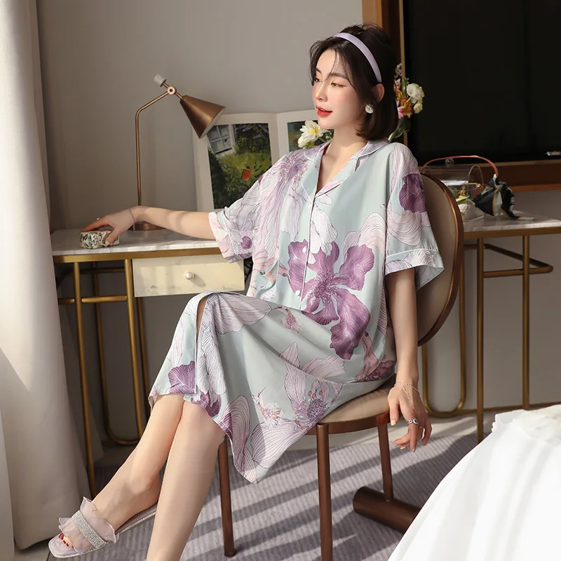 

Sweet Print Women Cotton Nightgown Sexy Turn-Down Collar Button Nightdress Knee-Length Sleepshirt Skirt Summer Casual Home Dress