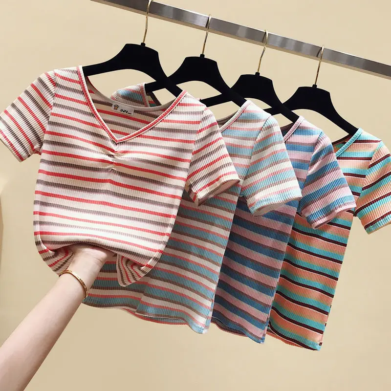 

Rainbow V-neck stripe short sleeve 2020 summer new top slim and versatile short T-shirt