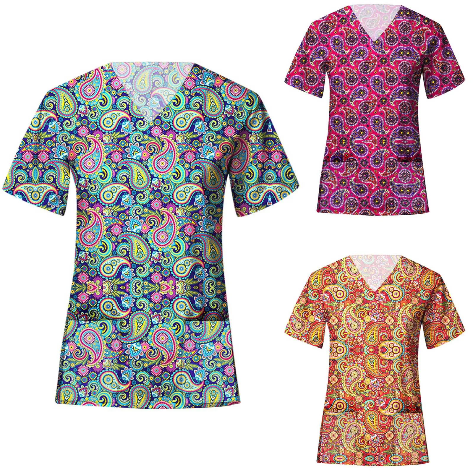 

Unisex Nurse uniform Women Short Sleeve V-neck Scrubs Tops Working Uniform Cartoon Print Blouse Carer Healthcare Tunic A50