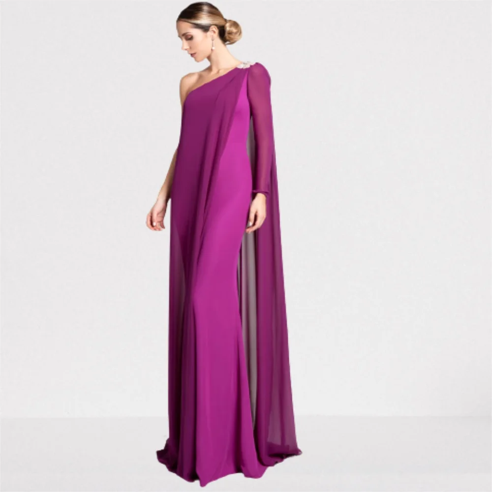 

One Shoulder Long Sleeve Prom Dress Grape Elastic Satin Sheath Chiffon Floor Length Evening Gowns Dresses Formal