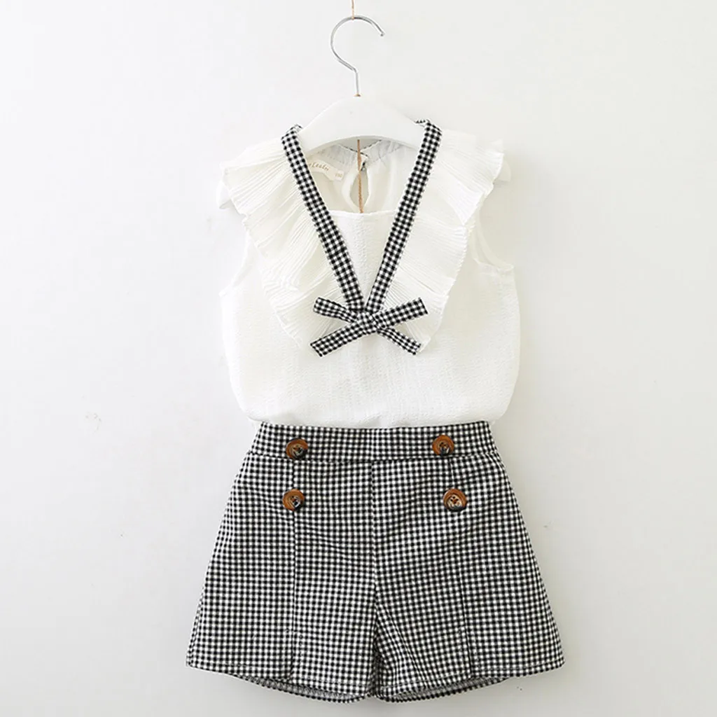 

Toddler Baby Girls Kids Summer Clothes O-neck Bowknot Vest Tops+Plaid Shorts Pants Set Infant Clothing Outfit Set For Girl