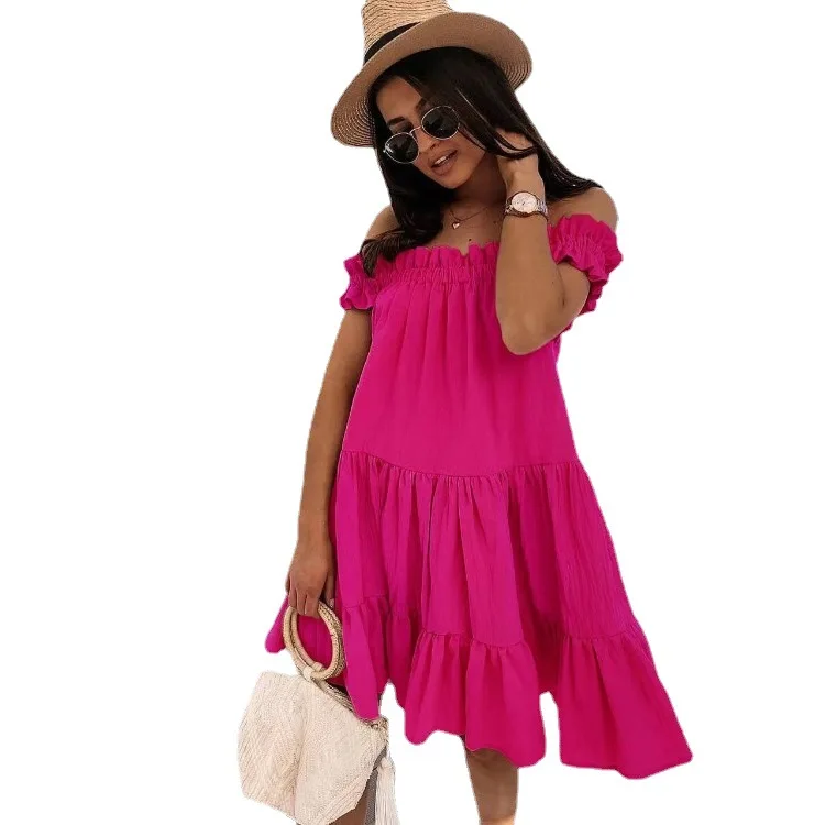 

European and American Women's Foreign Trade Sexy Wood Ear Side Collar Solid Color Dress Dress Woman Dress