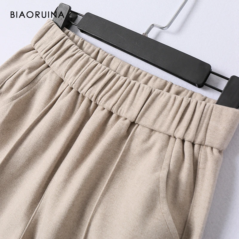 BIAORUINA Women's Elastic High Waist Loose Harem Pant Female Casual All-match Solid Ankle-Length Trouser Thick and Warm |