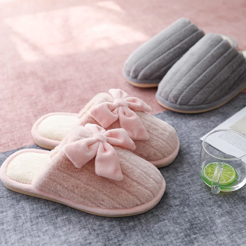 

2019 Autumn Winter New Cotton Home Slippers for Women Bow Thick-Soled House Indoor Fur Slippers Female Indoor Home Shoes