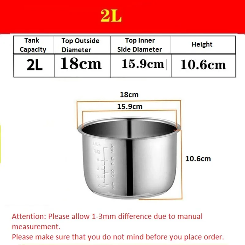 

2L Steamed Rice Cooker Rice Cooker Stainless Steel Steamer Steamed Grid Layer Steamer Durable rice cooker tank
