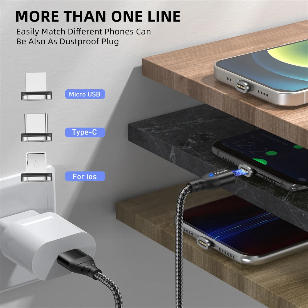 USLION 3A Быстрая зарядка 540 вращающийся светодиодный магнитный кабель USB для типа C