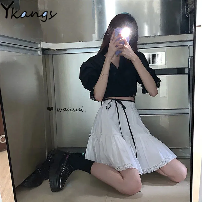 

2PCS Women Vintage Sets V-Neck Ruffles Lace Puff Sleeve Short Top And Solid Mini Pleated Skirt Korean Style Chic Elegant College