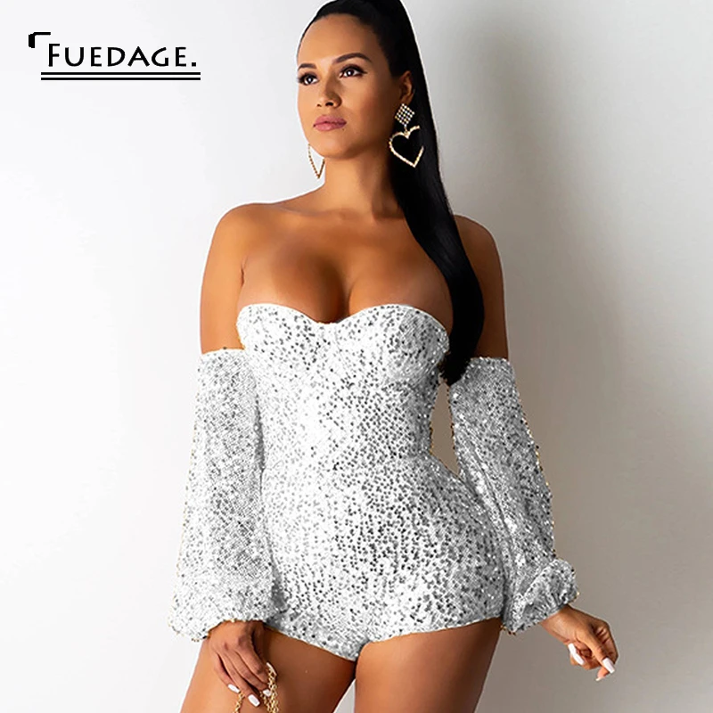 Fuedage Sequins сексуальный женский комбинезон, блестящий Блестящий бодикон с открытой спиной, женский комбинезон с открытыми плечами, костюмы с рукавами-фонариками