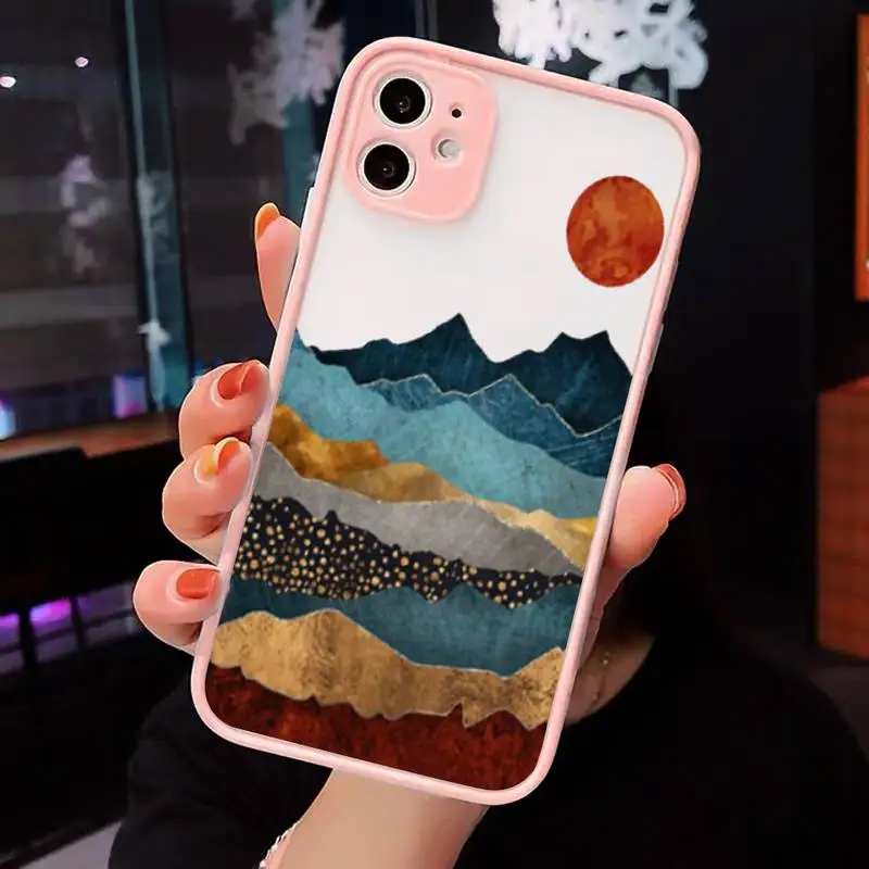 

Mountain Marble Moon Phone Case For iPhone 12 11 Mini Pro XR XS Max 7 8 Plus X Matte transparent Pink Back Cover