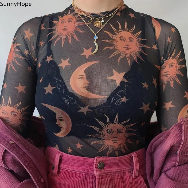 

Sun Moon Printed Transparent Mesh Sexy T-Shirt Women O-Neck Long Sleeve Slim Basic Casual Female Tops 2019 Spring New
