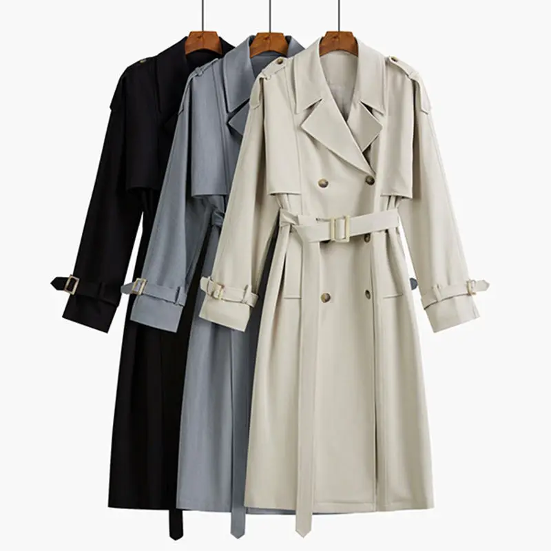

Double Breasted Trench Coat Women Office Lady Notched Collar Full Sleeve Overcoat With Belt Elegant Long Chic Outerwear