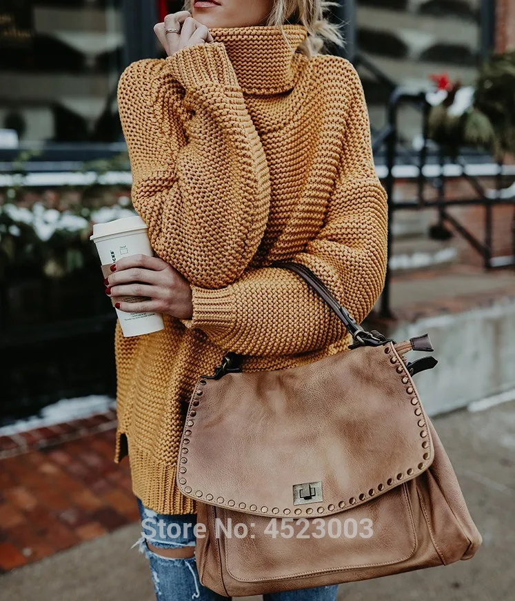Women Turtleneck Knit Sweater Coat Winter Warm Solid Color High Collar Pullover Sweaters | Женская одежда