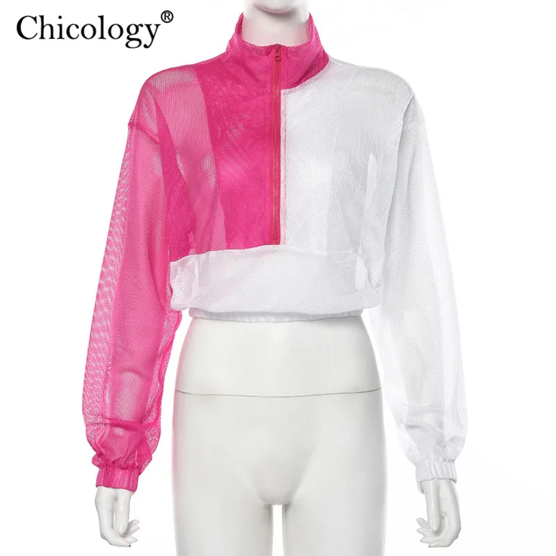 Chicology mesh patchwork zipper long sleeve casual crop top t shirt 2019 summer autumn women streetwear T-shirt female clothes | Женская