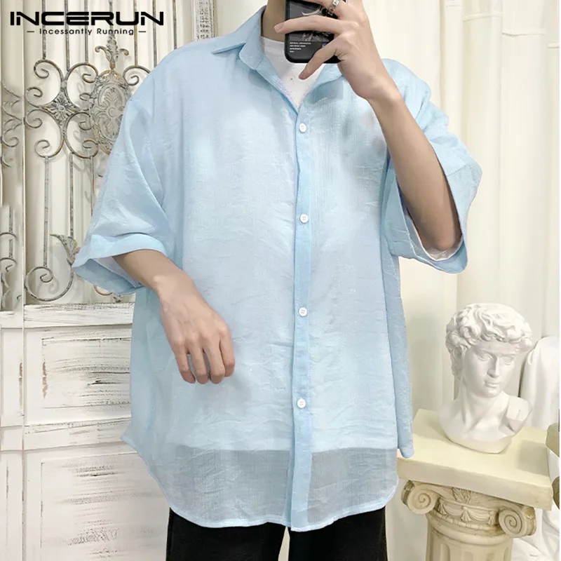 

2021 Men Mesh Shirt Streetwear See Through Lapel Short Sleeve Fashion Sexy Camisas Casual Party Loose Shirts Men S-5XL INCERUN