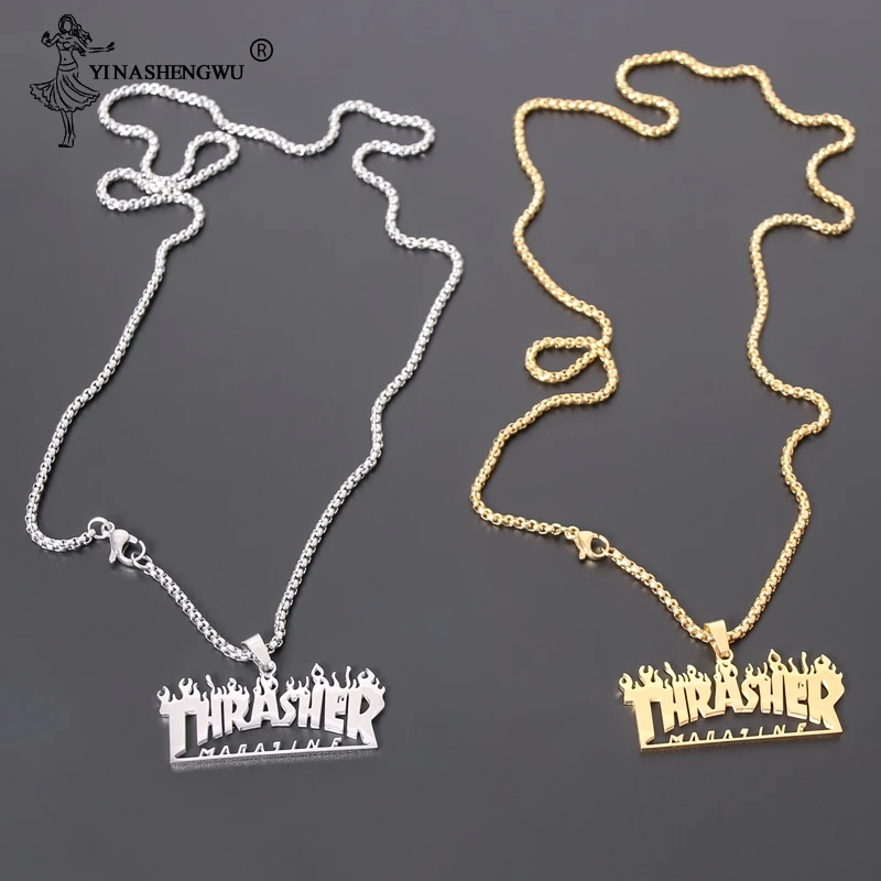 Футболка с надписью Thrasher журнал пламени кулон ожерелье для мужчин в стиле хип хоп