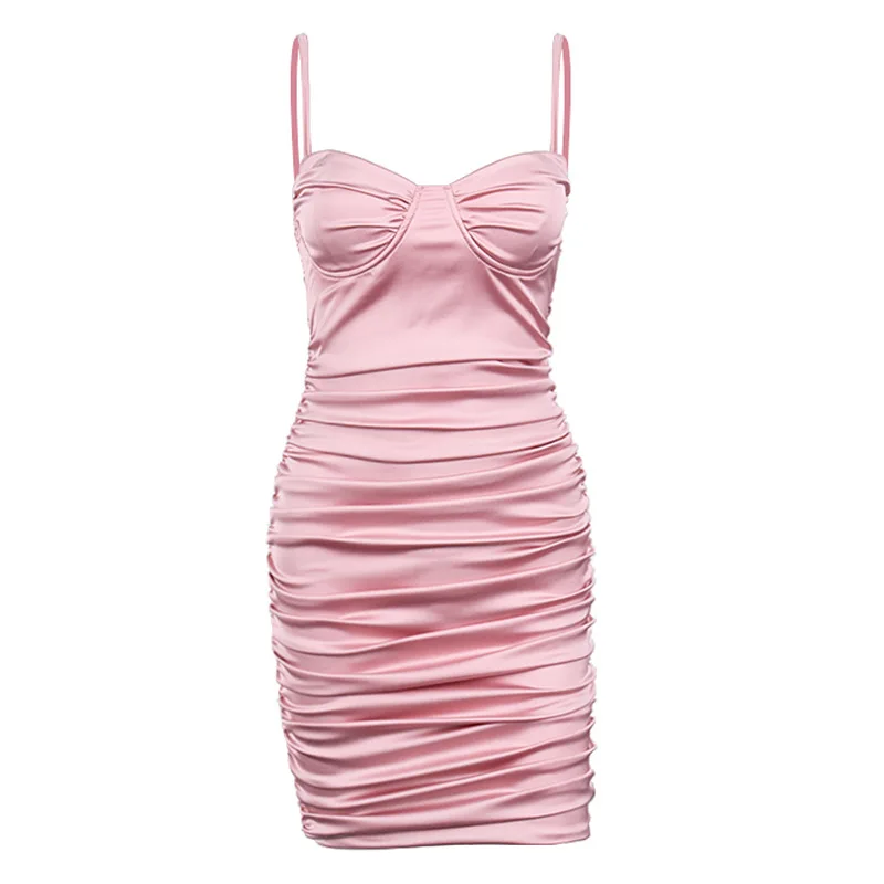 

2021 Spring and Summer New Women's Sexy Satin V-neck Pleated Sling Bag Hip Skirt Dress