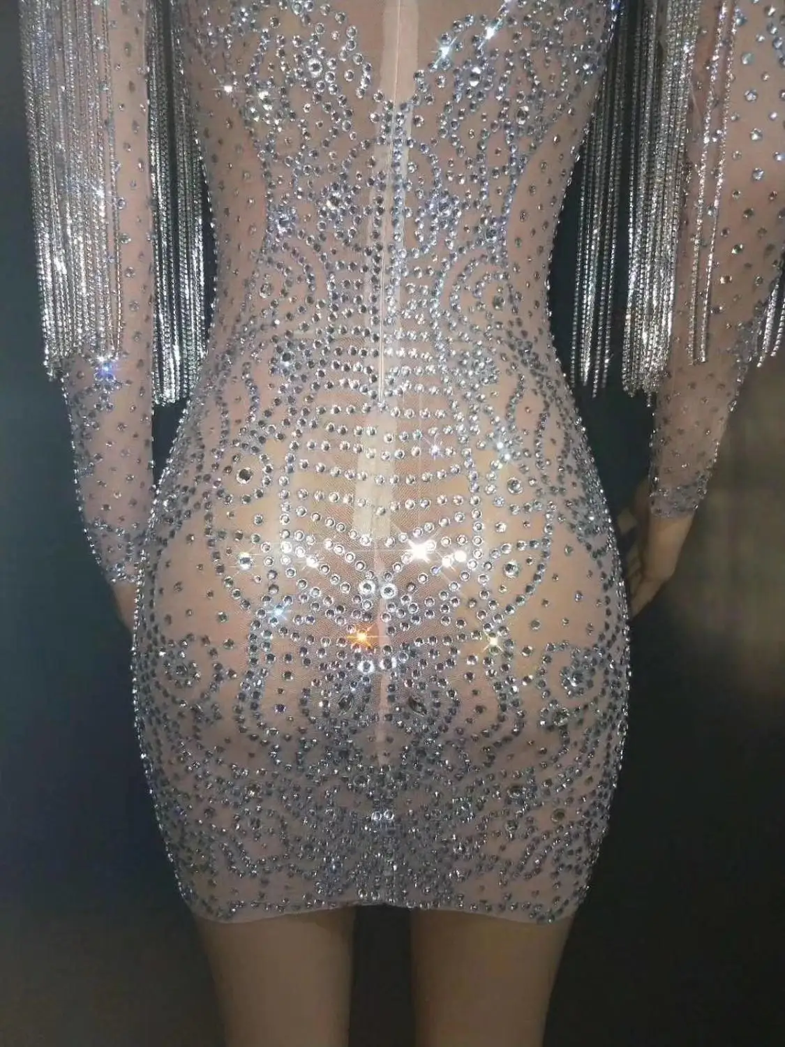 Новинка 2020 женское сексуальное Сетчатое платье с серебряными кристаллами