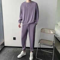 blackgraypurple pleated sets men fashion stretch loose long sleeved t shirt trousers two piece korean loose mens ice silk sets