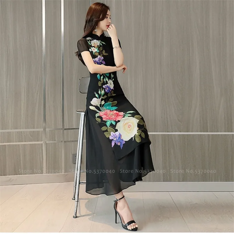 Женское свадебное платье в китайском стиле длинное Ципао с коротким рукавом и