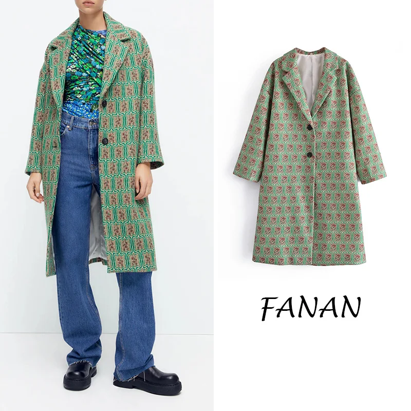 

2021 Women Spring Coat Za Vintage Solid Woolen Long Qualited Coats Female Green Thick Warm Outwear Jackets Autumn and Winter