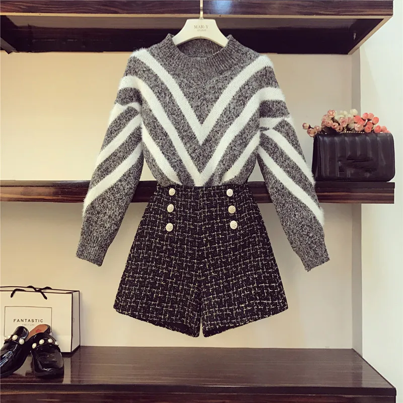Осенне зимние твидовые шорты комплект свитеров женский полосатый пуловер из