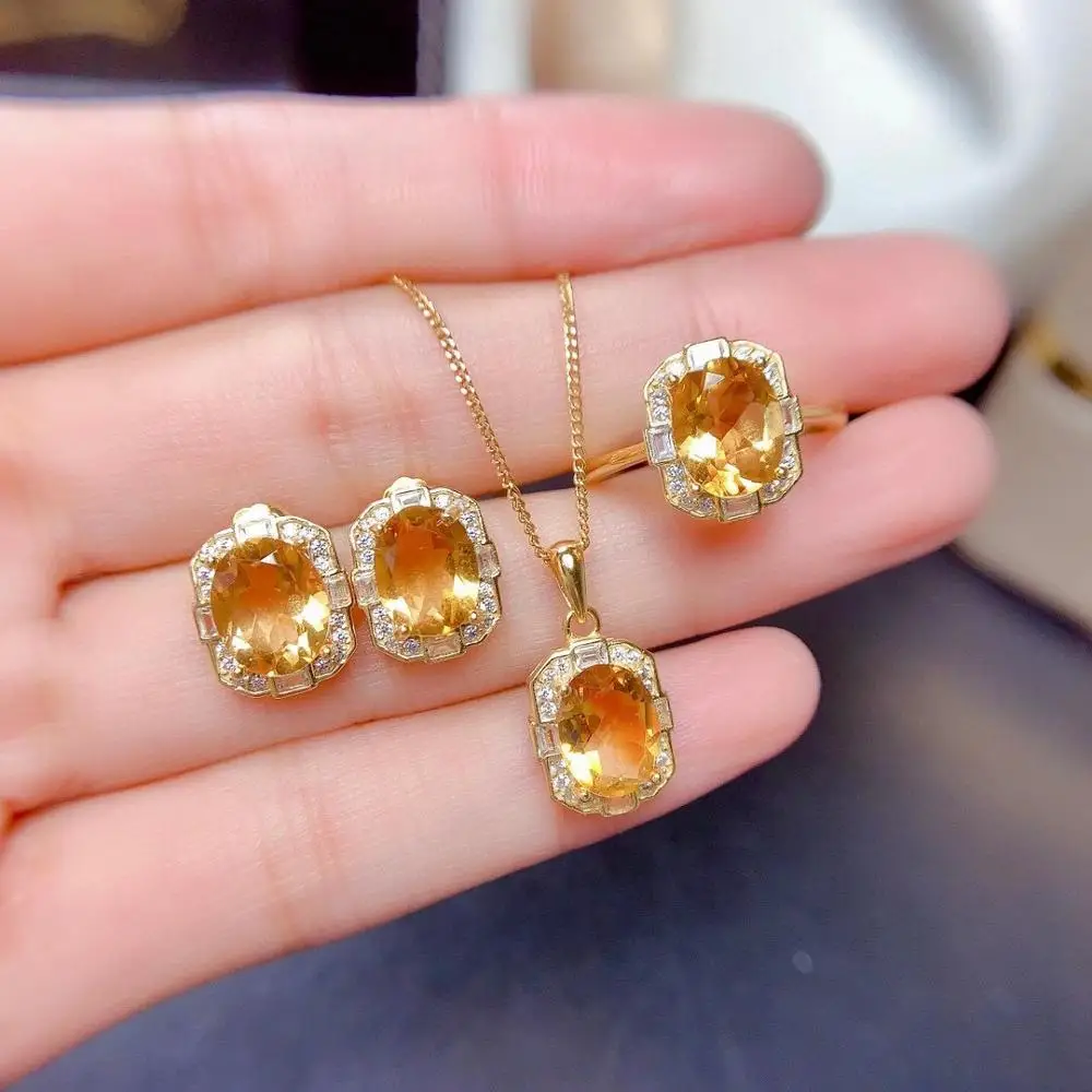 

New Arrival Natural and Real Yellow Citrine jewelry set 925 sterling silver 1pc pendant,1pc ring ,2pcs Earring