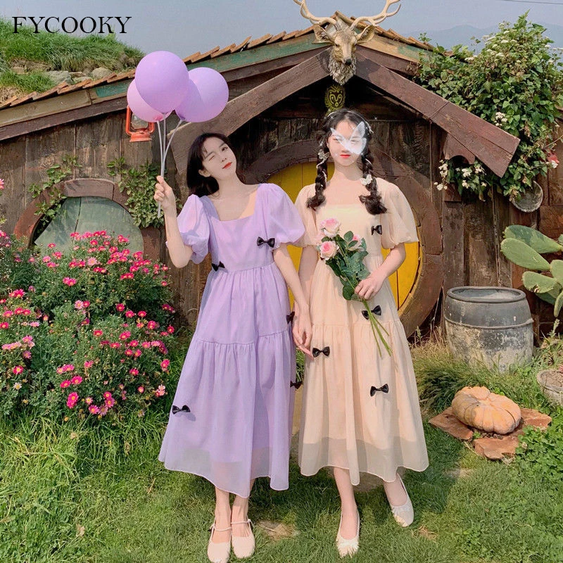 

French Square Neck Puff Sleeve Dress Women Mesh Bow Loose Long Dress Summer New Purple Dresses Female