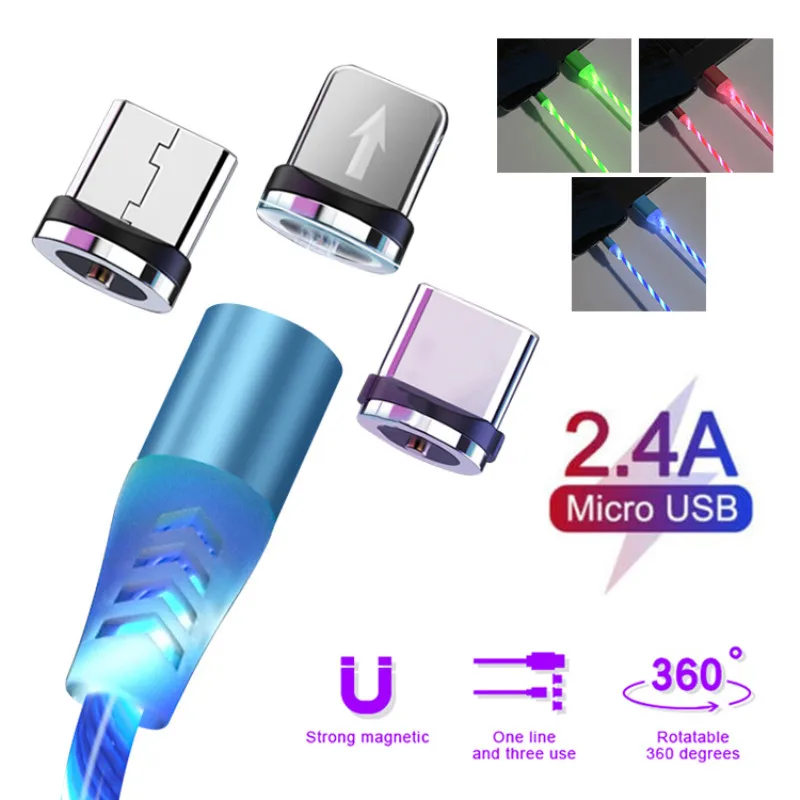 Оптовая продажа СВЕТОДИОДНЫЙ Красочный стример Магнитный кабель Micro USB type C 2.4A