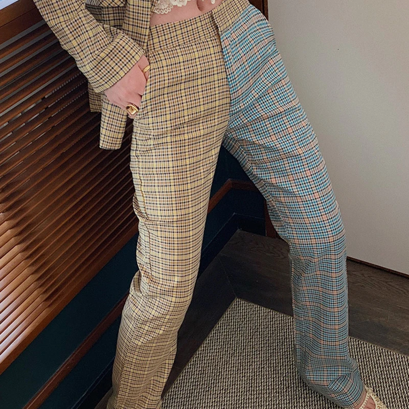 Coloured pants DEAT, винтажный клетчатый костюм, одежда с длинным рукавом и отложным воротником, клетчатые длинные штаны, комплект из двух предметов для женщин, осень, новинка, TD320 - Цвет: Coloured pants