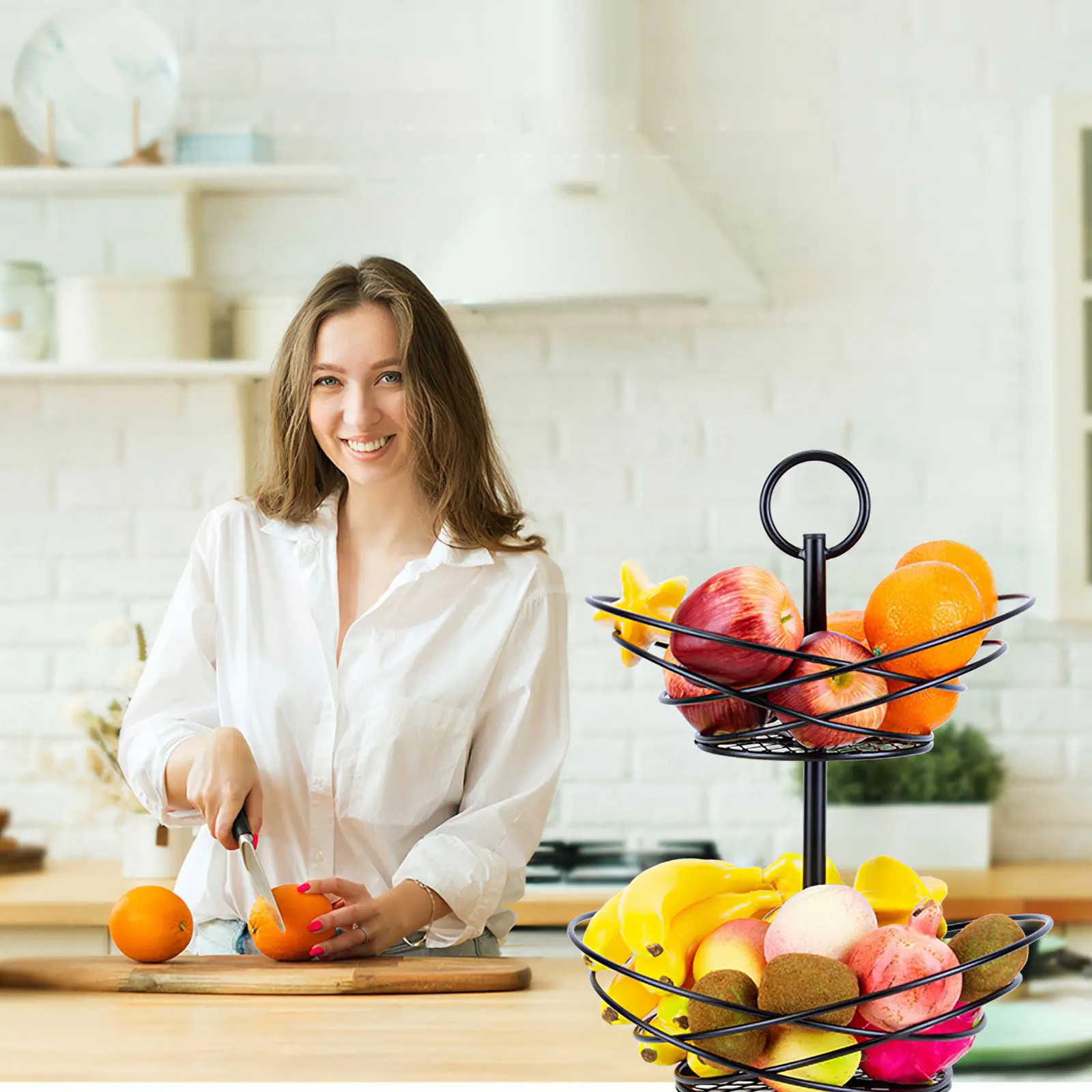 

2-ярусная корзина для фруктов, стеллаж для фруктов, стеллаж для хранения, черный держатель для фруктов, железная корзина для домашней кухни, ...