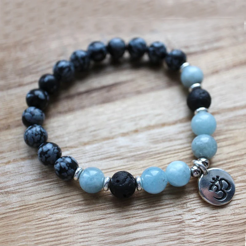 Снежинка Обсидиановая Лава и A quamarine Mala браслет Japa мала для медитации Beads браслеты
