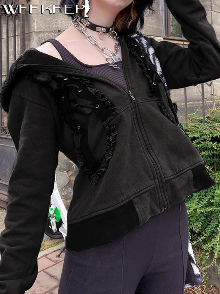 

Weekeek Autumn Dark Black Jacket Women Lace Patchwork Hoodies Long Sleeve Zip Up Cardigan Gothic Sweatshirts Harajuku Y2k Casual