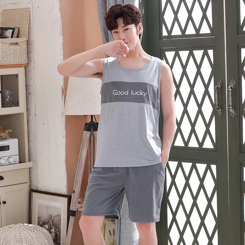 Мужская пижама из чистого хлопка с буквенным принтом Летняя короткая Пижама без