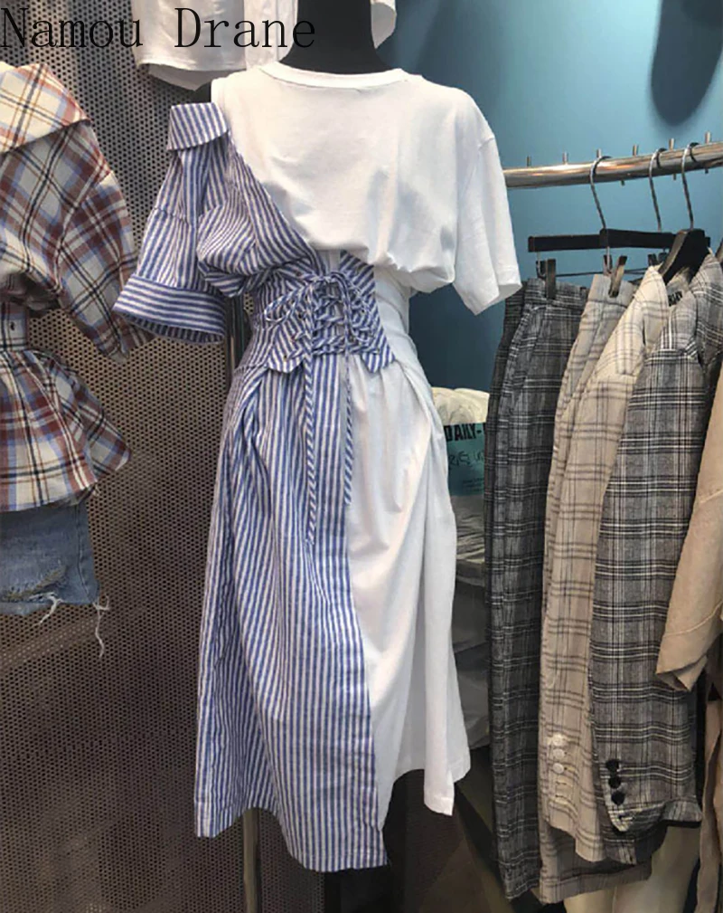 

2020 New Korean-Style Mid-Length Irregular Striped Stitching Contrasting Color over-the-Knee Waist Hugging Dress Fashion