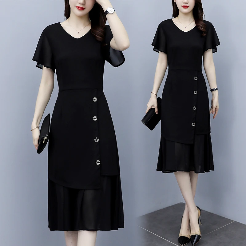 

Short Sleeve O-Neck Patchwork Plus Size Dress Women Fashion Korean Chiffon Fake Two Dresses Black Clothes Ladies