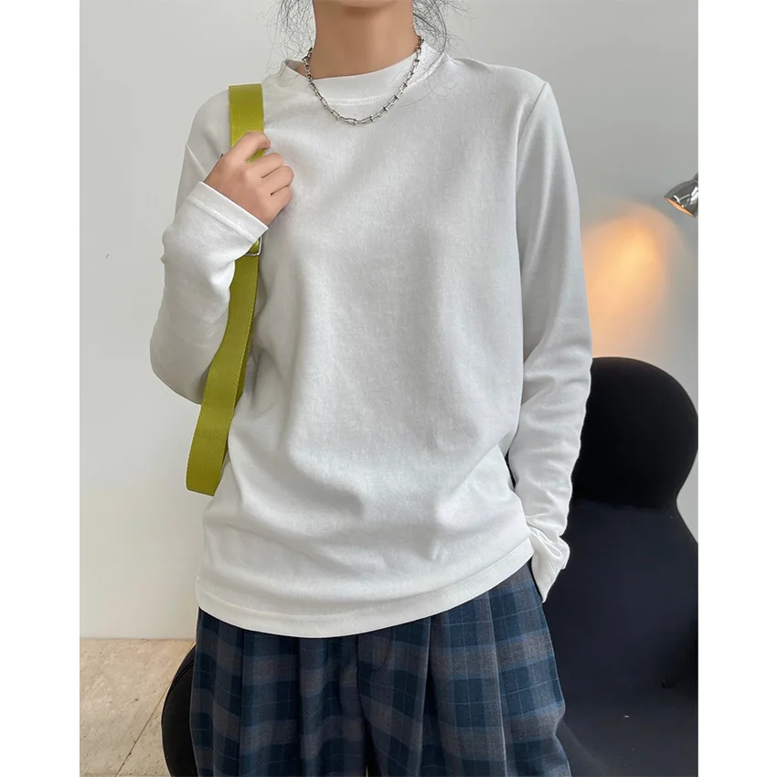 

Spring New Fashion Simple Solid Color Round Neck Long Sleeve T-shirt Bottomed Leisure Comfortable Elastic