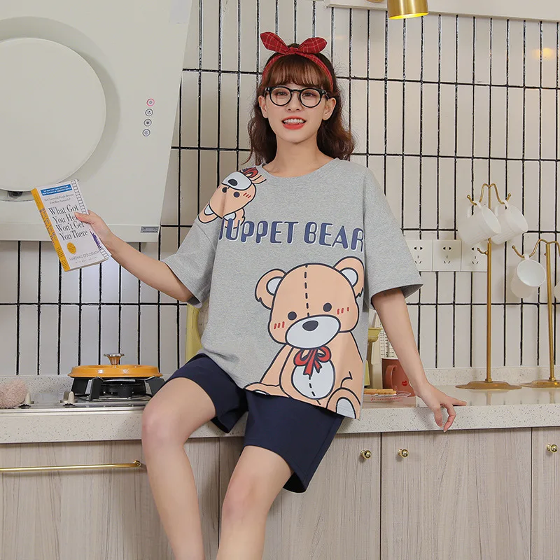 

Summer Korean Yellow Pajamas Set For Women Casual Cotton Sleepwear Fashion Plus Size Home Wear Kawaii Women Cartoon Nightwear