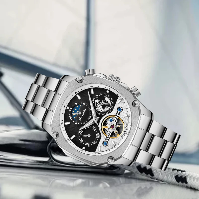 FORINING мужские часы автоматические механические часы Moon phase Tourbillon часы для мужчин s Скелет Мужские часы Relogio Masculino подарки
