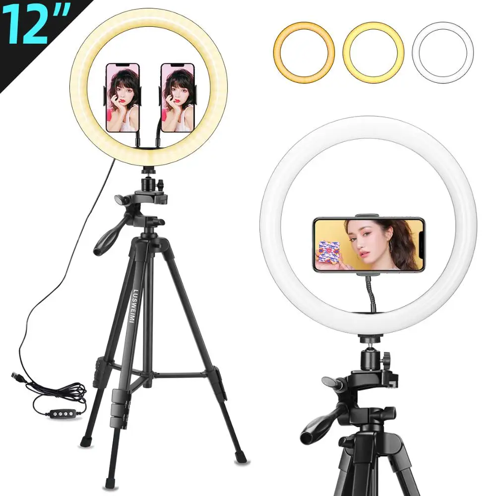 Кольцевая лампа 12 дюймов со штативом и 2 держателями для телефона смартфона