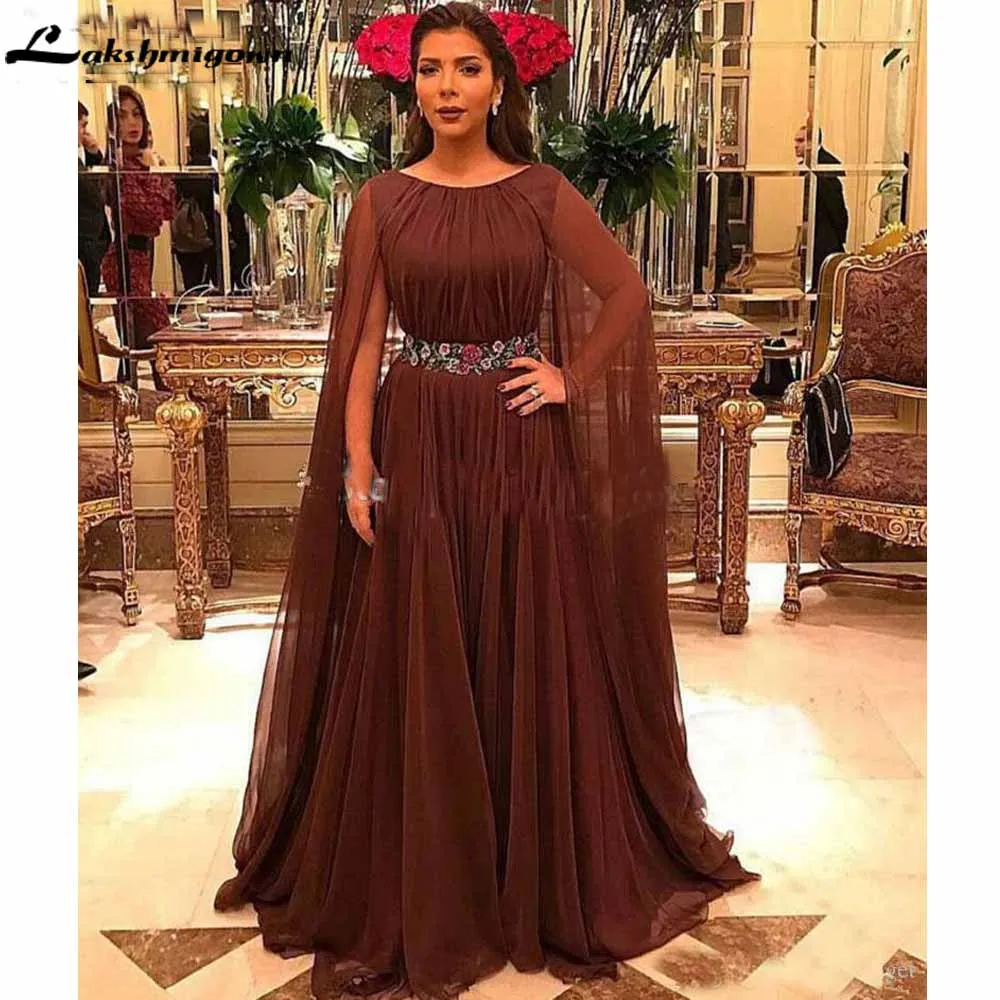 

Cloak Long Sleeves Mother of the Bride Groom Dresses Brown Chiffon Formal Dress Evening Gown Mother Party dRESS be de soiree