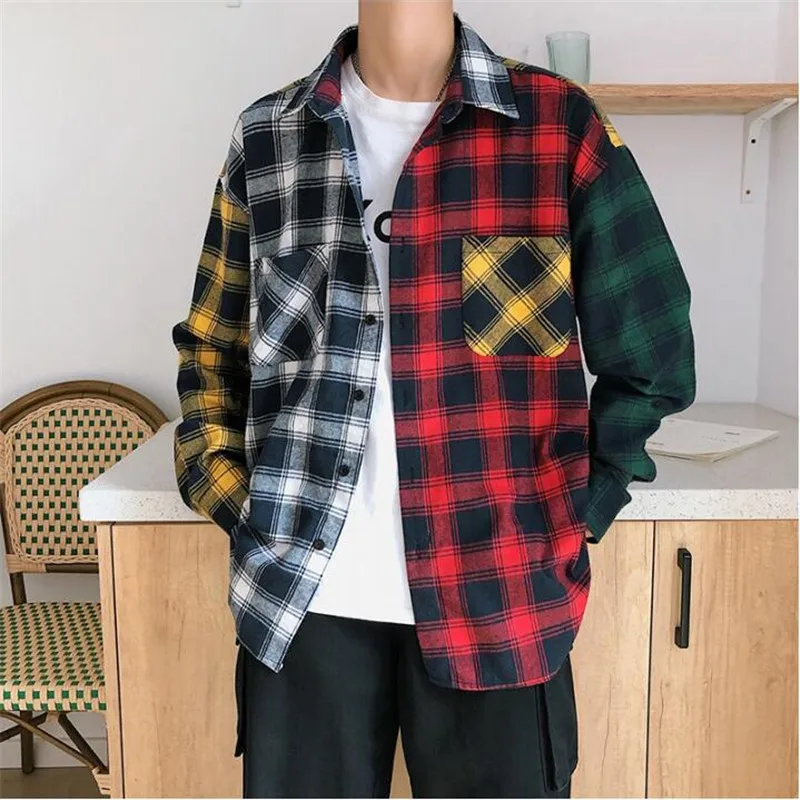 

2021 new personality patchwork red plaid shirt men's street casual hip hop long-sleeved shirt men's loose shirt large size M-5XL
