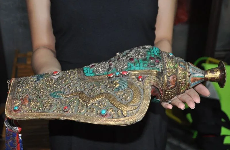 

wedding decoration 16"Collect Old Tibet silver Auspicious flower lucky statue Conch Shell Trumpet