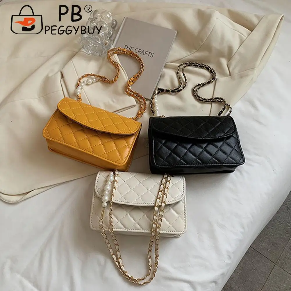 

Retro Women Shoulder Bags Casual Lattice Pearl Chain PU Leather Shoulder Crossbody Messenger Bags for Daily Shopping