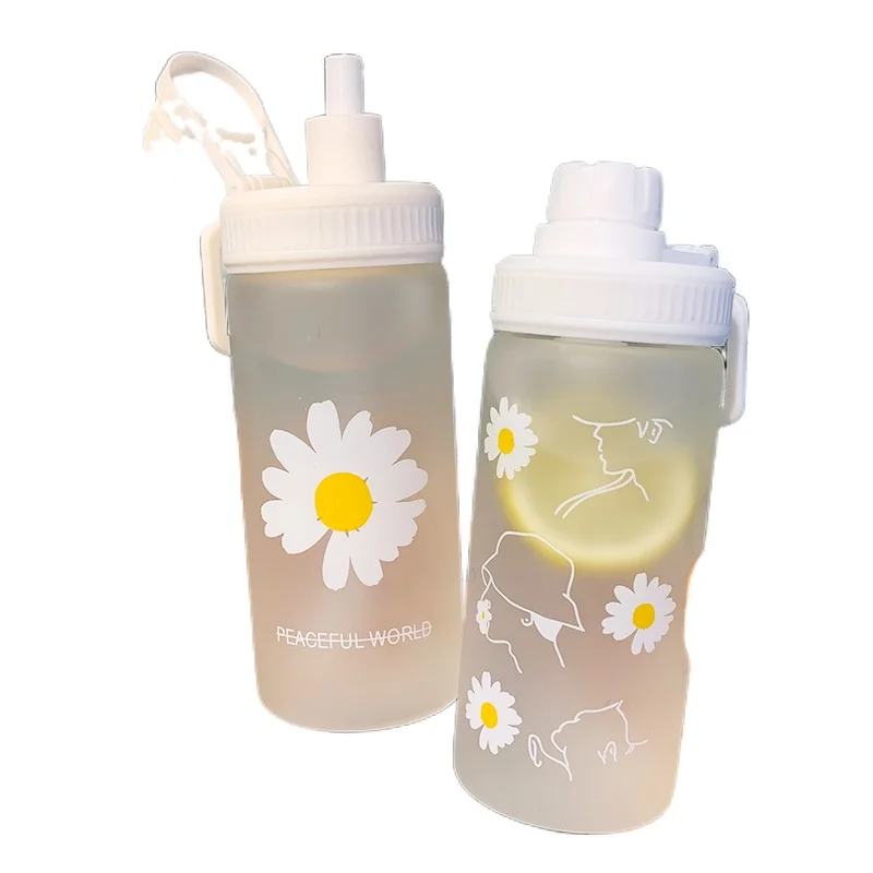 

New 500m Cute Daisy Plastic Water Bottles With Straw Portable Clear Frosted BPA Free Water Bottle For Kids Students Drinking Cup
