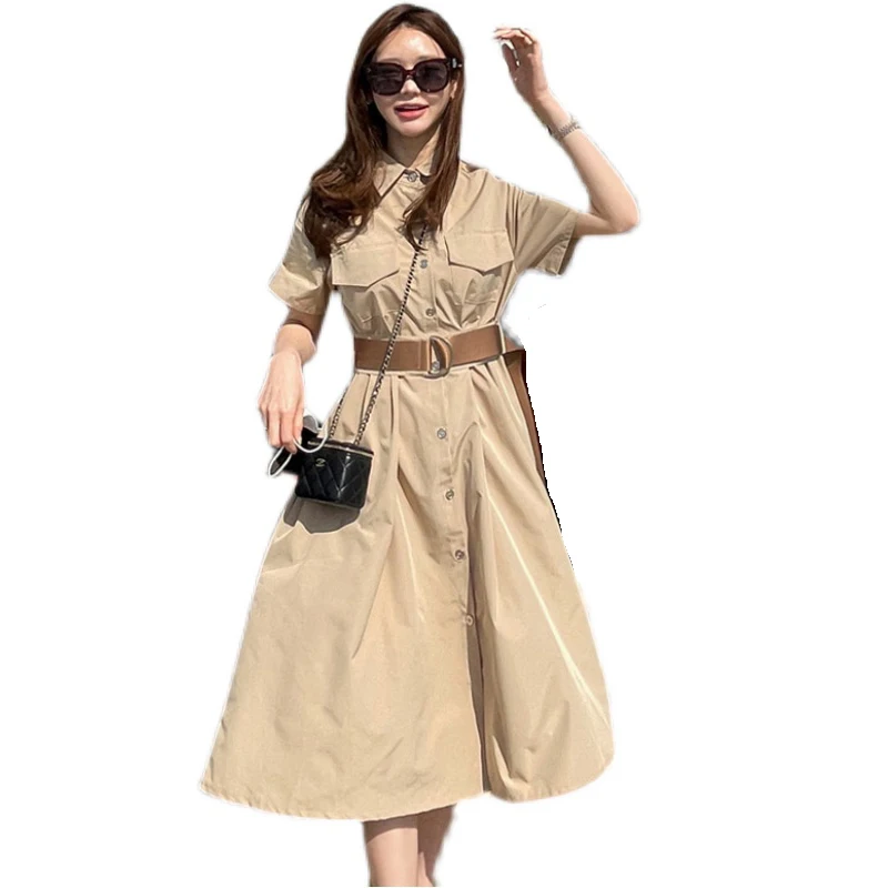 

Khaki Single Breasted Fashion Short Sleeve Dress Casual High Waist Belt Long Dress Elegant Summer Women Midi Dresses