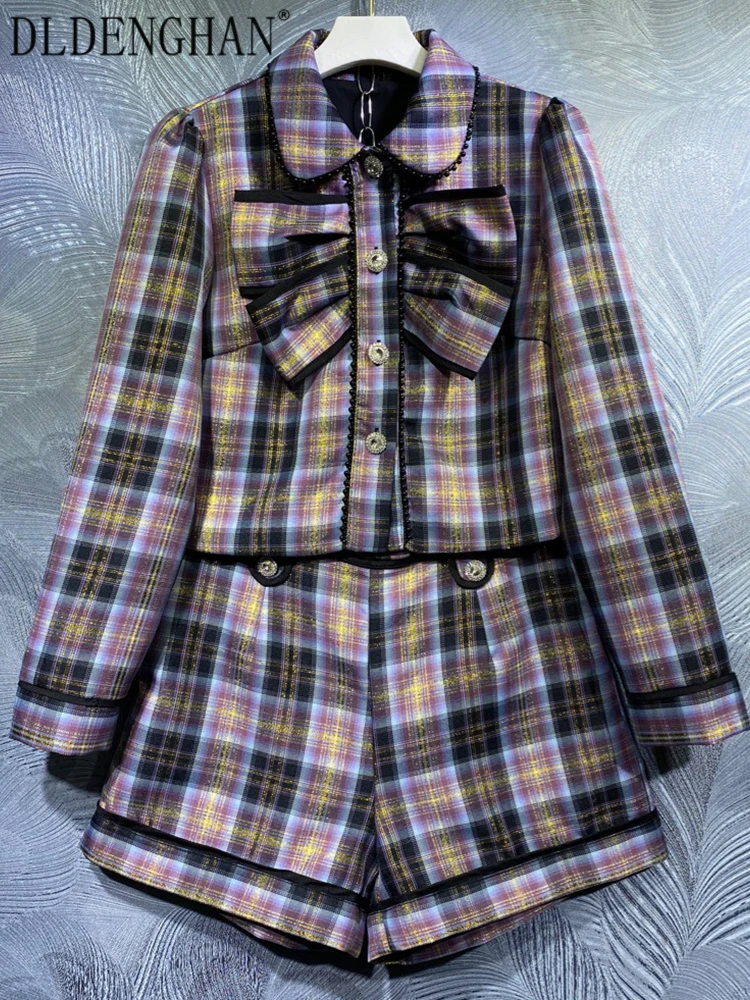 

DLDENGHAN Fashion Runway Designer Autumn Suit Women Beading Crystal Single Breasted Jacket+ Shorts Plaid Print Two Pieces Sets